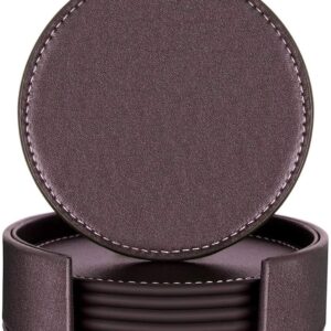PU Leather Coasters with Holder Set of 6 Round Table Coasters for Drink Brown Cup Mat Coasters Table Protector
