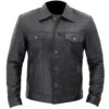 Men's Denim Style Black Leather Trucker Jacket