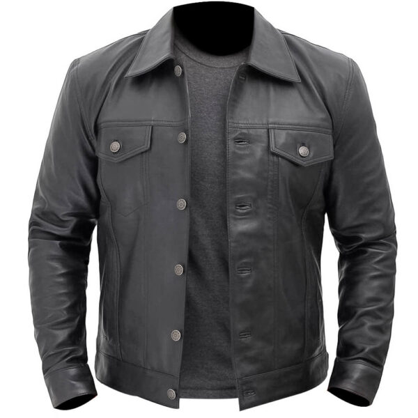 Men's Denim Style Black Leather Trucker Jacket