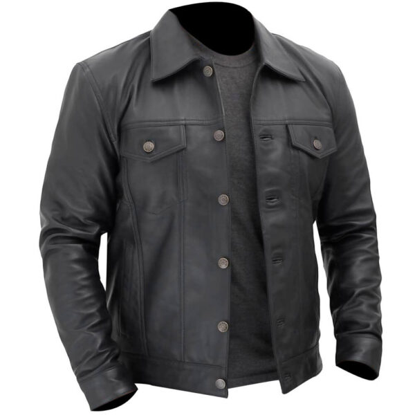 Men's Denim Style Black Leather Trucker Jacket