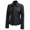 Ladies Black Real Leather Trucker Jacket