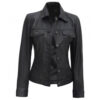 Ladies Black Real Leather Trucker Jacket