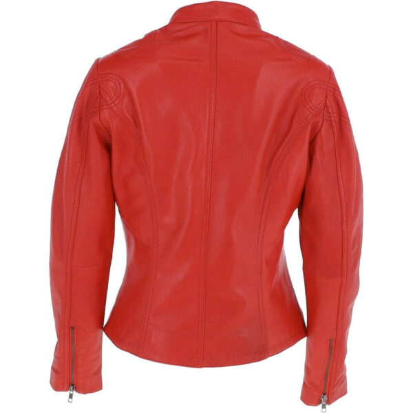 Ladies Red Retro Genuine Leather Biker Jacket