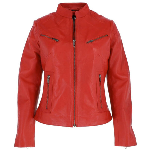 Ladies Red Retro Genuine Leather Biker Jacket