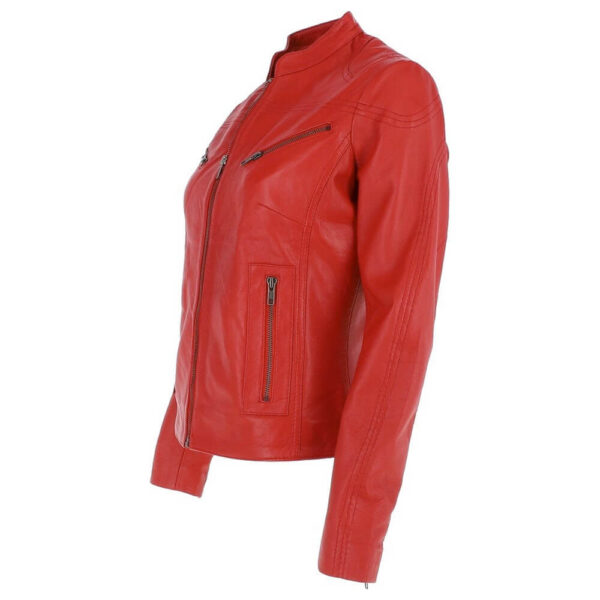 Ladies Red Retro Genuine Leather Biker Jacket