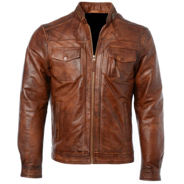 Men's Genuine Tan Brown Biker Leather Jacket