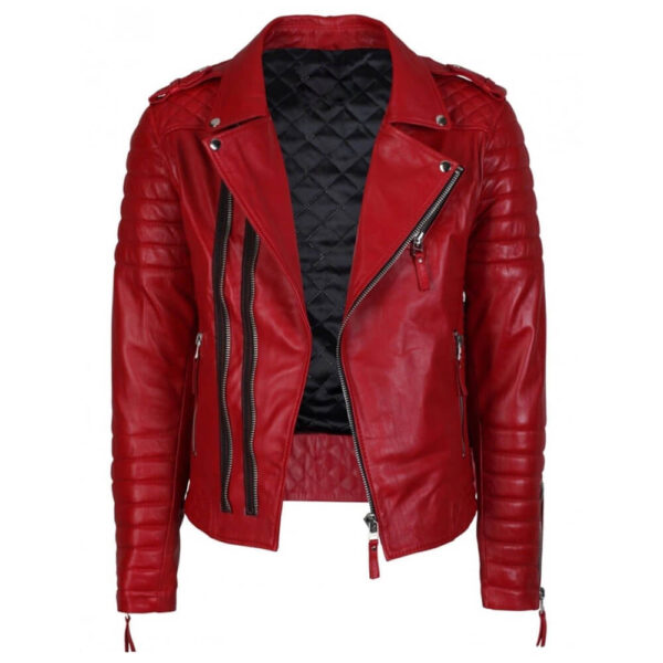 Men's Quilted Biker Real Red Leather Jacket