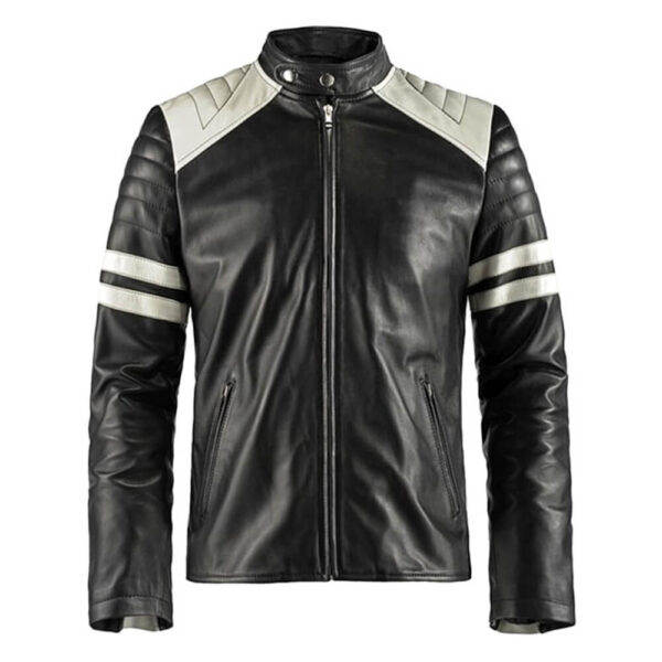 Men's White Stripes Black Leather Jacket