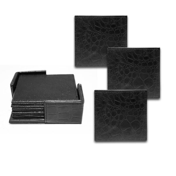 Tea Leather Coasters Pack Of 6 With Holder Crocodile Black