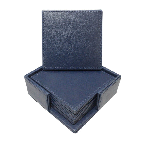 Tea Leather Coasters Pack Of 6 With Holder Plain Blue