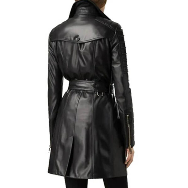 Women's Black Leather Double Breasted Long Coat