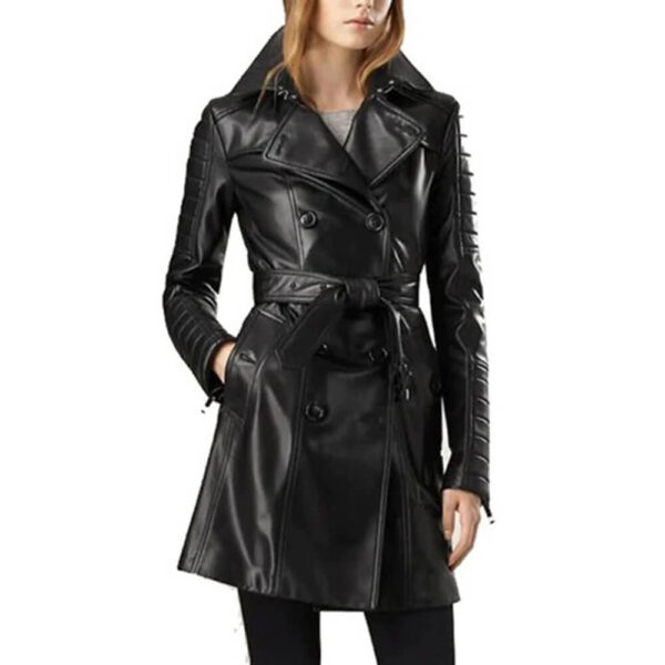 Women's Black Leather Double Breasted Long Coat