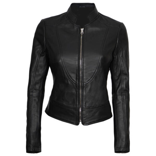 Women's Black V-Line Style Biker Leather Jacket