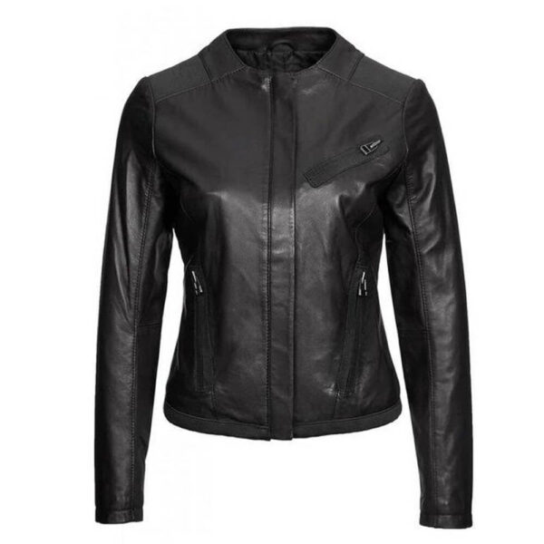 Women's Collarless Real Leather Black Jacket