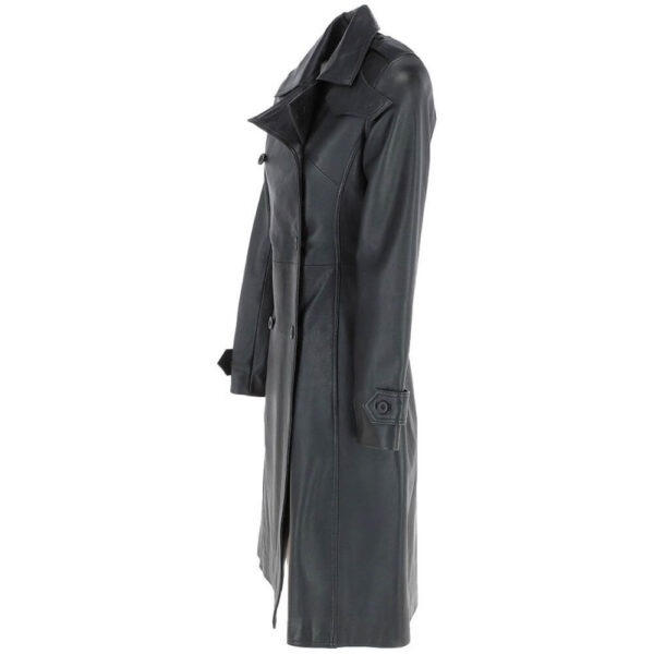 Women's Double Breasted Black Leather Trench Coat