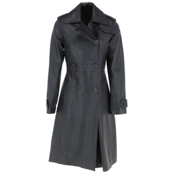 Women's Double Breasted Black Leather Trench Coat