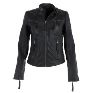 Women's Genuine Black Retro Cafe Racer Jacket
