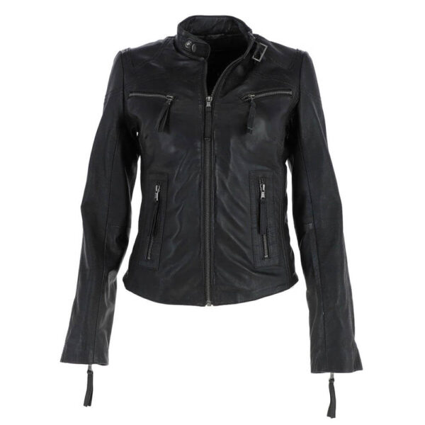 Women's Genuine Black Retro Cafe Racer Jacket